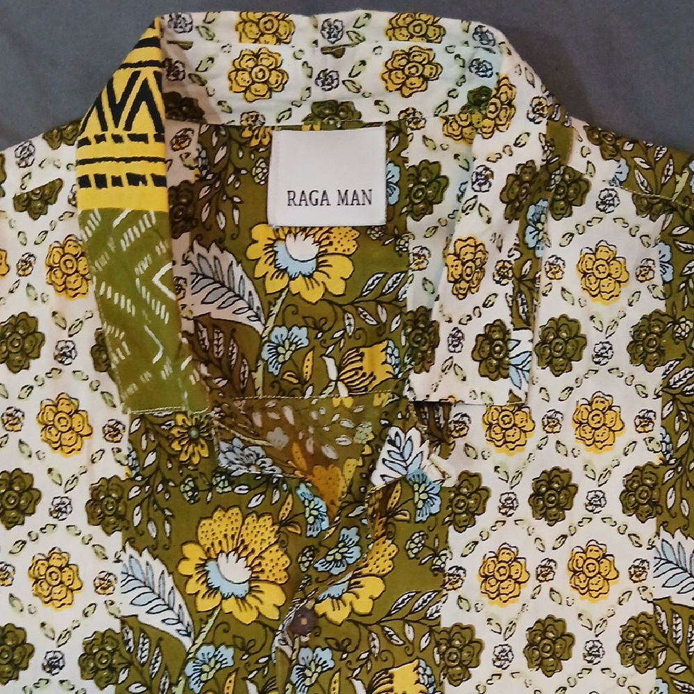 RAGA Men's Green and Yellow Floral Button Down Shirt